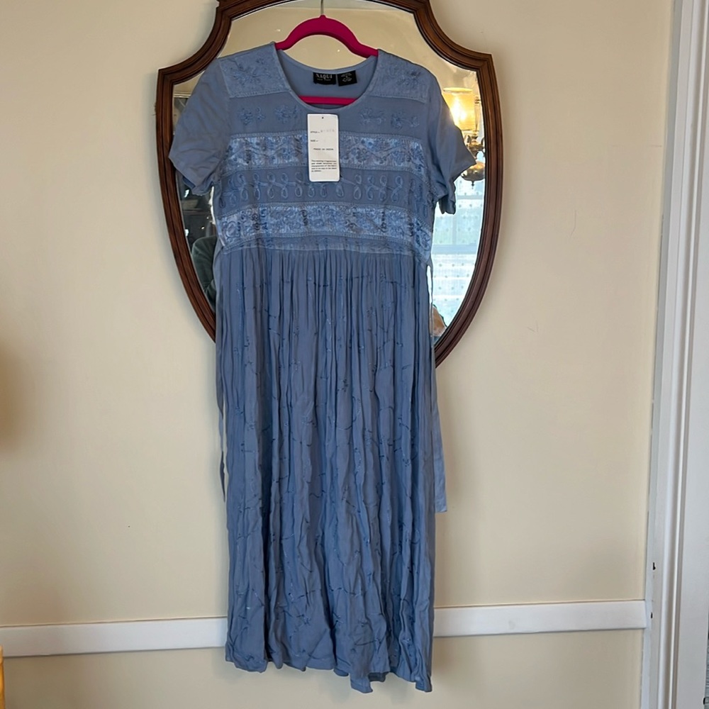 Naqui NWT Blue Dress Rayon Made in India Size Small Vintage Back Tie too!